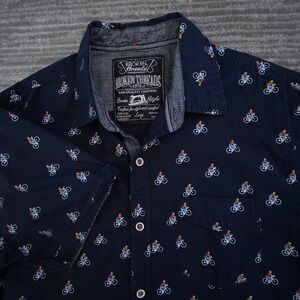 Broken Threads Mens Large Navy Blue Bicycle Print Short Sleeve Button Down Shirt